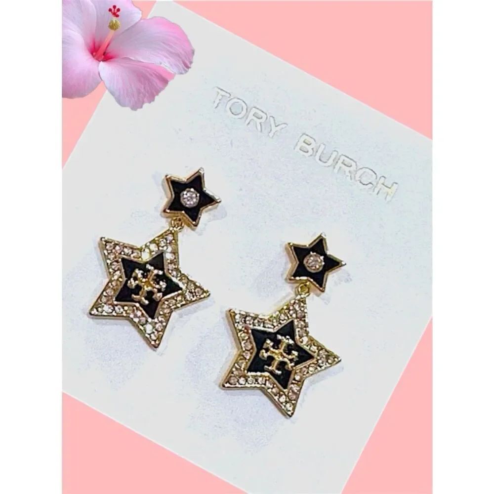 Tory Burch Black and Gold Star Drop Earrings